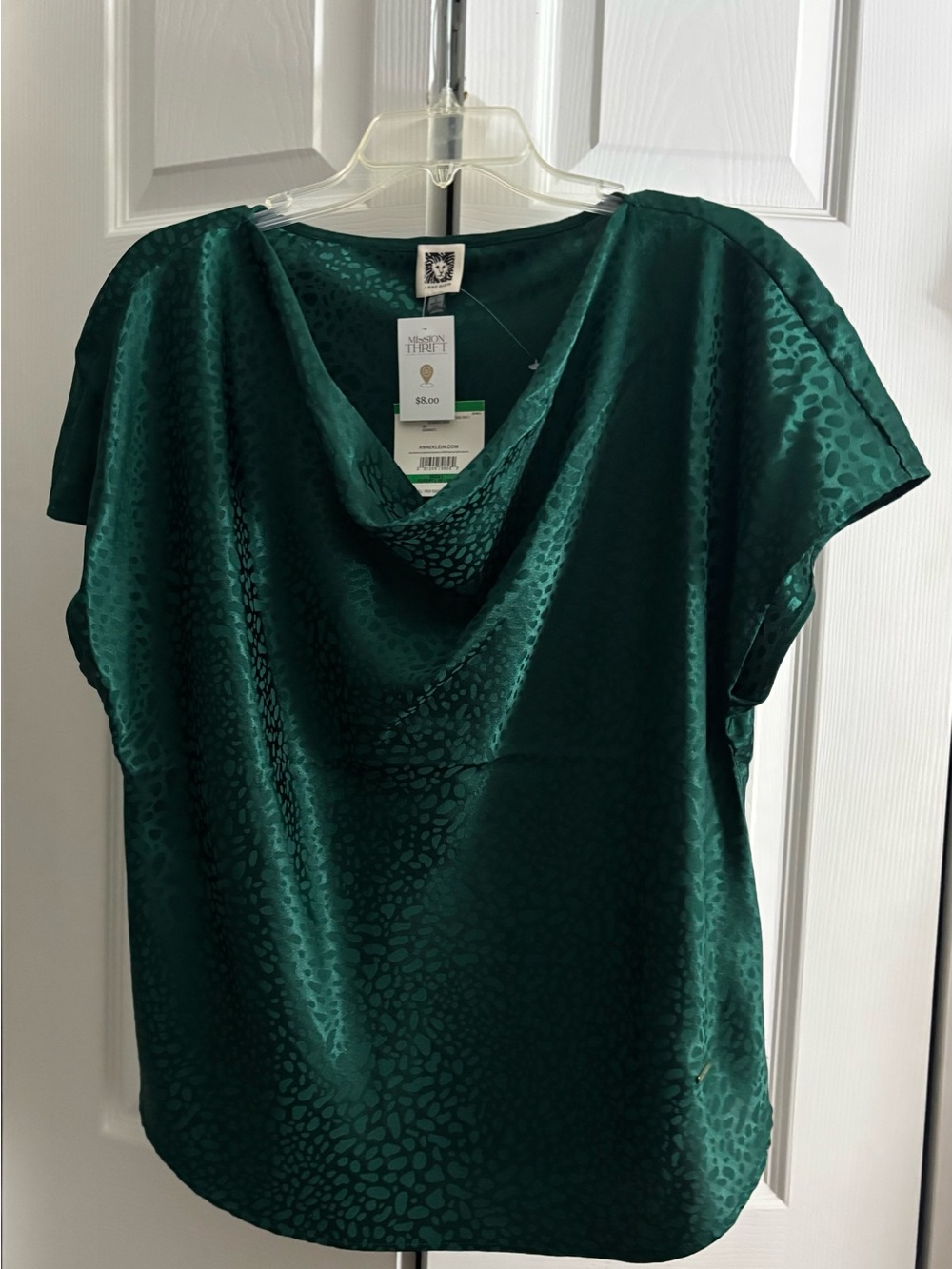 Anne Klein Botanical Green Satin Jacquard Cowl Neck Blouse NWT Size Large